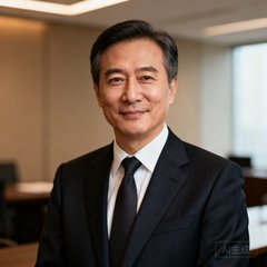 一位穿着深色西装的中年男性金融行业高管正面半身照，背景为简约的办公室环境，表情自信而沉稳。